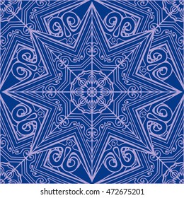 Mandala seamless, tribal background. Vintage backdrop with lace ornament - vector. Bohemian style. Stylized winter background with mandalas in blue tones. Bright ornate pattern for any surface.