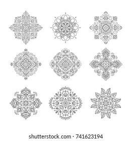 Mandala set of 9. Nine intricate ornamental decorative mandala collection.Thin line decorative design. Image for yoga, healing, asian medicine, body positive elements. Ethnic vector illustration.