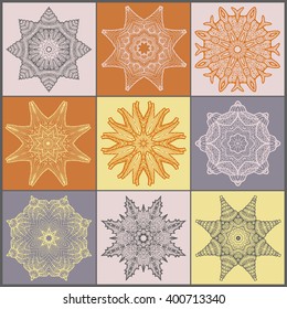 Mandala.  Set of 9 round decorative elements. Hand drawn background. Vintage . Indian, Islam, Arabic motives.