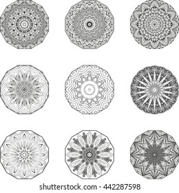 Mandala Set. Black mandalas for coloring. Mandala vector coloring page. Mandala art design. Intricate mandala pattern. Unusual mandala tattoos. Outline mandala flowers. Line mandala print.
