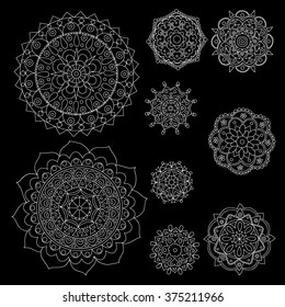 Mandala set. Black Mandala round ornament decorative isolated element, geometric floral circular pattern. Tribal ethnic Arabic Indian motif. Hand drawn fantasy abstract background