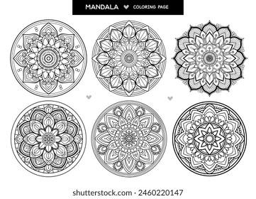 Mandala set coloring page. Decorative round mandala anti stress coloring book. Vector illustration