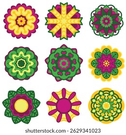 Mandala set with eggplant color palette and abstract elements. Purple, green, yellow, orange. Design with nature and floral inspiration. High quality vector illustrations, EPS 10.