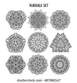 Mandala Set of ethnic ornamental patterns. Lace manala circular ornaments. Traditional Indian, Islamic, Asian, Arabic motifs. Vector illustration.