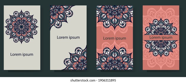 Mandala. Set of four backgrounds. Oriental ornament on postcard, invitation, label, package, card, business card. Ethnic pattern for use in social networks, web design. 
