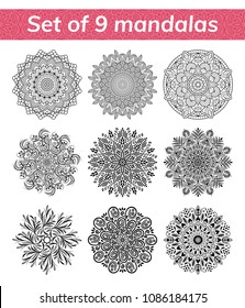 Mandala set. Indian antistress medallion. Abstract islamic flower, arabic henna design, yoga symbol. Collection of mandalas on white background. Vector illustration