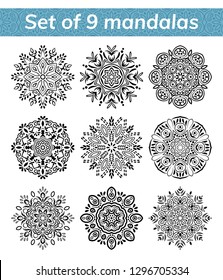 Mandala set. Indian antistress medallion. Abstract islamic flower, arabic henna design, yoga symbol. Collection of mandalas on white background. Vector illustration