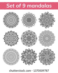 Mandala set. Indian antistress medallion. Abstract islamic flower, arabic henna design, yoga symbol. Collection of mandalas on white background. Vector illustration