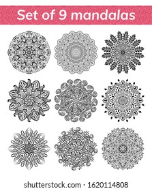 Mandala set. Indian antistress medallion. Abstract islamic flower, arabic henna design, yoga symbol. Collection of mandalas on white background. Vector illustration