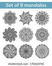 Mandala set. Indian antistress medallion. Abstract islamic flower, arabic henna design, yoga symbol. Collection of mandalas on white background. Vector illustration