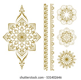 Mandala set. Mehendi elements. Henna design. Round Ornament Pattern. Geometric circle element made in vector. Spiritual and ritual symbol of Islam, Arabic, Indian religions.  Oriental motifs.   