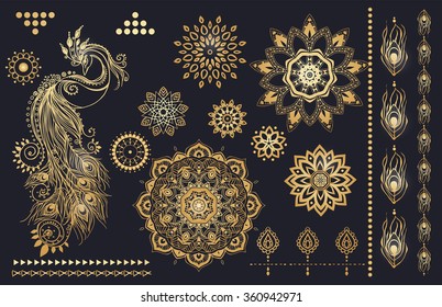 Mandala set and other elements. Vector. Mandala tattoo. Perfect  cards for any other kind of design, birthday and other holiday, kaleidoscope,  medallion, yoga, india, arabic