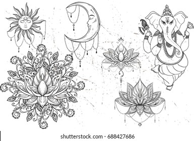 Mandala set and other elements. Vector. Mandala tattoo. , boho style, kaleidoscope, medallion, yoga, india, Arabic. circular pattern, sketch for tattoo