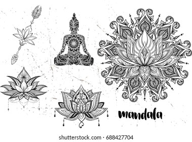 Mandala set and other elements. Vector. Mandala tattoo. , boho style, kaleidoscope, medallion, yoga, india, Arabic. circular pattern, sketch for tattoo
