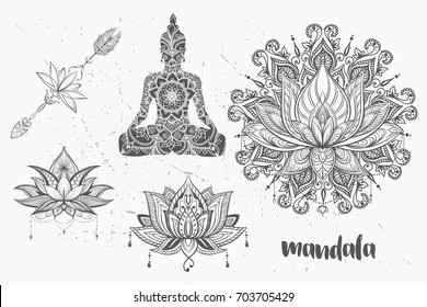 Conjunto de Mandala y otros elementos. Vector. Tatuaje de Mandala. , estilo boho, caleidoscopio, medallón, yoga, india, árabe. patrón circular, esbozo para tatuaje