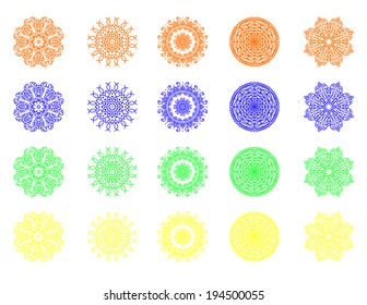 Mandala set round ornament in flat style, vector lace icon.