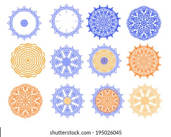 Mandala set round ornament in flat style, vector lace icon.