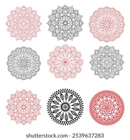 Mandala set. Round ornament pattern. Hand drawn background. Oriental black and white mandala. Set of circular patterns or mandalas for coloring book on isolated background.