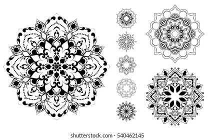 Mandala set. Round Ornament Pattern. Geometric circle element made in vector. Spiritual and ritual symbol of Islam, Arabic, Indian religions.  Oriental motifs.   