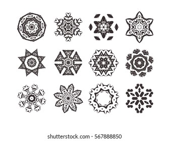 Mandala set. Round ornament pattern. Hand drawn background. Oriental  black and white mandala.  Set of circular patterns or mandalas for coloring book on isolated background. 