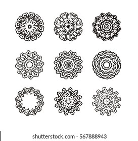 Mandala set. Round ornament pattern. Hand drawn background. Oriental  black and white mandala.  Set of circular patterns or mandalas for coloring book on isolated background. 