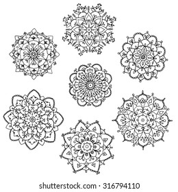 Mandala set. Sketch. Vector. Seven skilled ethnic ornaments.
