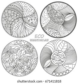Mandala. Set. Zendala. Zentangle. Hand drawn circle mandala with abstract patterns on isolation background. Design for spiritual relaxation for adults.  Black and white illustration for coloring.