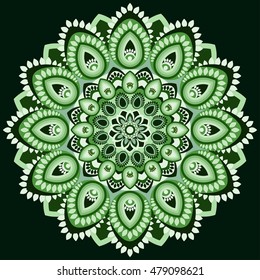Mandala in shades of green. Illustrated India. East, ethnic design, oriental pattern, round ornament. For use in fabric design, print, tattoo, fretwork, brooch, hippie jewelery. Islam, Arabic, Indian