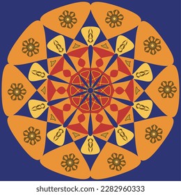 Mandala in shades orange, blue, golden, red and yellow with blue background