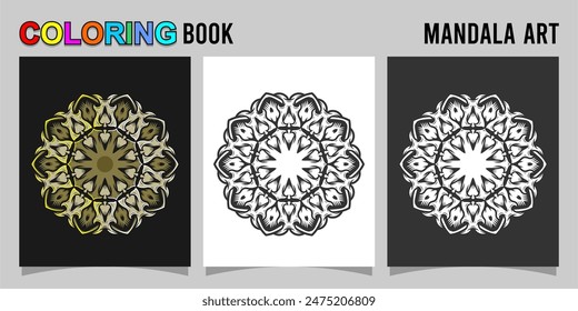 mandala shape coloring book. Isolated on white and black background. accompanied by colored contour.