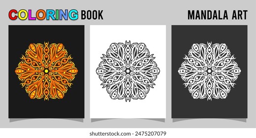 libro para colorear con forma de mandala. Aislado sobre fondo blanco y negro. acompañado de contorno de colores.