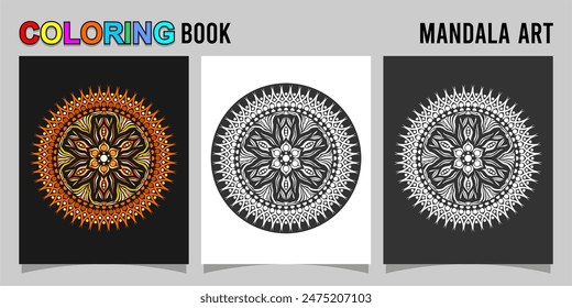 mandala shape coloring book. Isolated on white and black background. accompanied by colored contour.