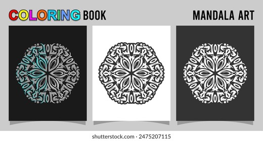 mandala shape coloring book. Isolated on white and black background. accompanied by colored contour.