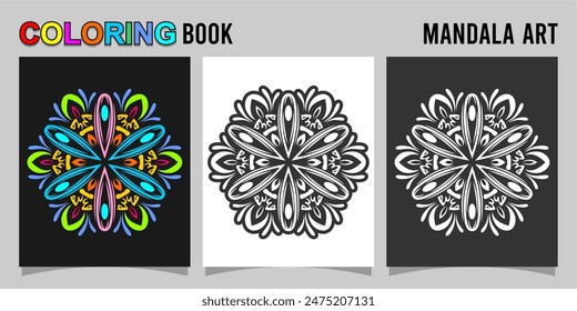 mandala shape coloring book. Isolated on white and black background. accompanied by colored contour.