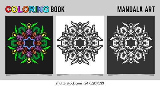 mandala shape coloring book. Isolated on white and black background. accompanied by colored contour.