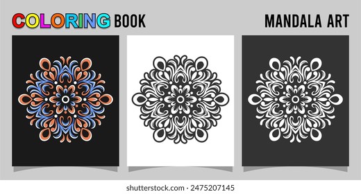mandala shape coloring book. Isolated on white and black background. accompanied by colored contour.