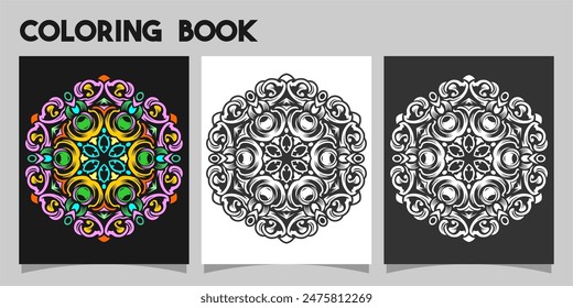 mandala shape coloring book. Isolated on white and black background. accompanied by colored contour.