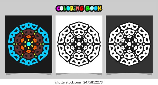 mandala shape coloring book. Isolated on white and black background. accompanied by colored contour.