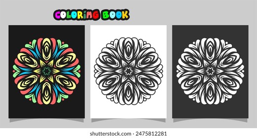 mandala shape coloring book. Isolated on white and black background. accompanied by colored contour.