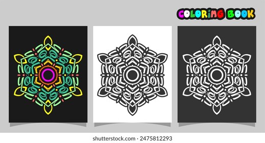 mandala shape coloring book. Isolated on white and black background. accompanied by colored contour.
