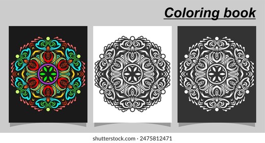 mandala shape coloring book. Isolated on white and black background. accompanied by colored contour.