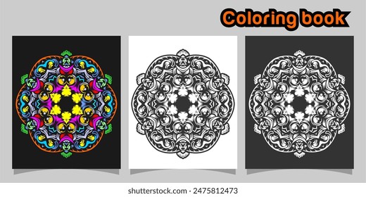 mandala shape coloring book. Isolated on white and black background. accompanied by colored contour.