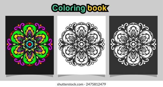 mandala shape coloring book. Isolated on white and black background. accompanied by colored contour.
