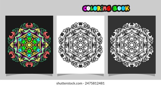 mandala shape coloring book. Isolated on white and black background. accompanied by colored contour.