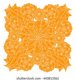 mandala shape flourish pattern, asian style flowers and leaves detailed in the form of a silhouette. orange on a white background. for greeting cards, invitations, t-shirts