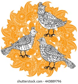 mandala shape flourish pattern, asian style flowers and birds and leaves detailed in the form of a silhouette. orange on a white background. for greeting cards, invitations, t-shirts