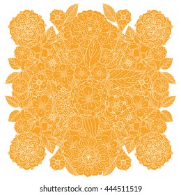 mandala shape flourish pattern, asian style flowers and leaves detailed in the form of a silhouette. orange on a white background. for greeting cards, invitations, t-shirts