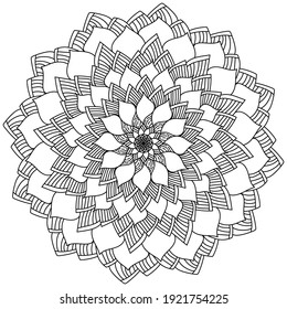 Mandala in the shape of a flower with many petals, coloring page with natural motives vector illustration