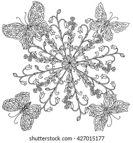 mandala shape flowers and butterfly for adult coloring book in zen art therapy style for anti stress drawing. Hand-drawn, retro, doodle, vector, mandala style, for coloring book or poster design.