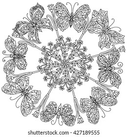 mandala shape flowers and butterfly for adult coloring book in zen art therapy style for anti stress drawing. Hand-drawn, retro, doodle, vector, mandala style, for coloring book or poster design.
